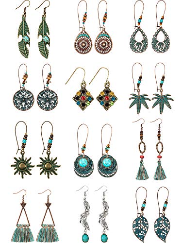 12 Pairs Vintage Boho Earrings Geometric Dangle Pendant Earrings Turquoise Earrings for Women Girls Supplies (Style C)