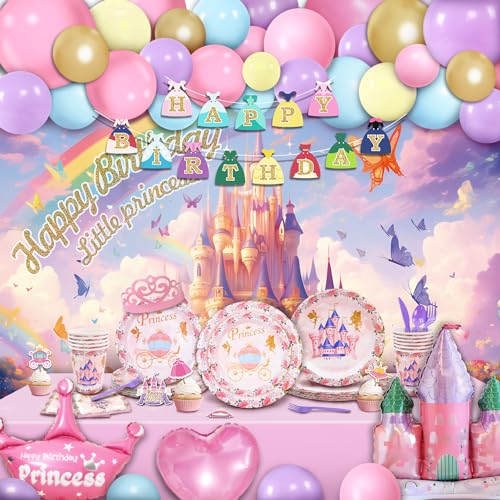 Image of 164 PCS Princess Birthday Party Decorations For Girl, 12 Tableware Sets, Castle Balloons, Balloon Arch, Disposable Paper Plates, Backdrop, Balloon Pump, Princess Party Decorations