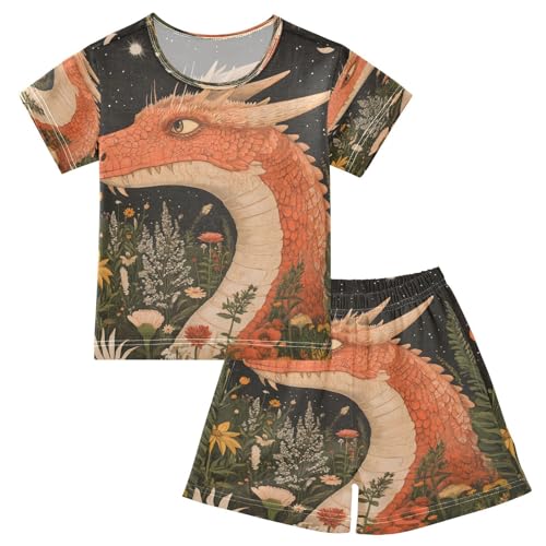 ALAZA Dragon Flower Moon Pajamas Set Short Sleeve Cotton Sleepwear Summer Pjs 2 Piece 5-14Y