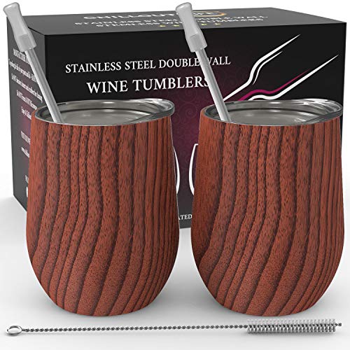Stainless Steel Stemless Wine Tumbler 2 Pack Wood Pattern 12 oz | Double