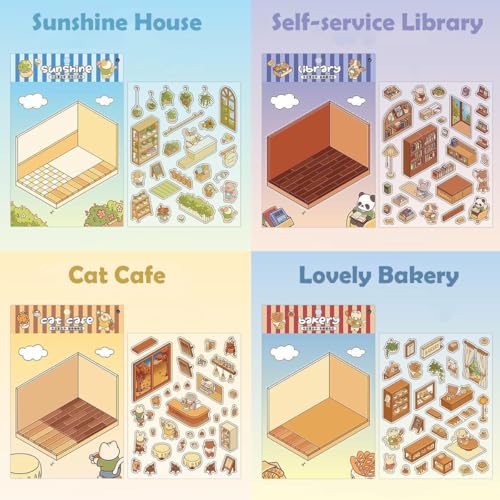 Image of HASTHIP 4 Pcs DIY 3D House Sticker Scene Set with Tweezer Room Decor