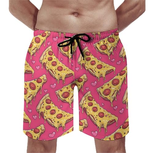 Pink Pizza Print Mens Swim Trunks, Quick Dry Swim Shorts with Mesh Lining Swimwear Bathing Suits