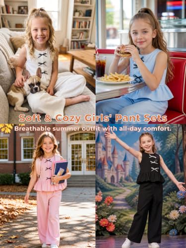 Image of Girls' Clothing Sets Sleeveless Bow Crop Top Wide Leg Linen Pants 2026 Summer Outfits Cute Kids Clothes