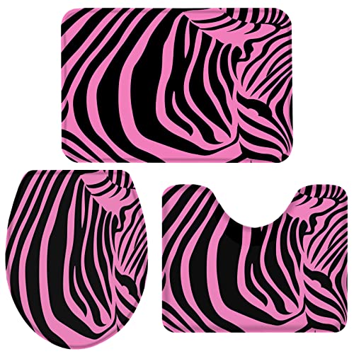 Zebra Muster Memory Foam Badematte Set, 3 Stück Badezimmerteppiche Abosrbent Matten, U-förmiger Konturteppich und WC-Deckelbezug für Dusche und Badewanne, Rosa Schwarz Zebra Tierstreifen
