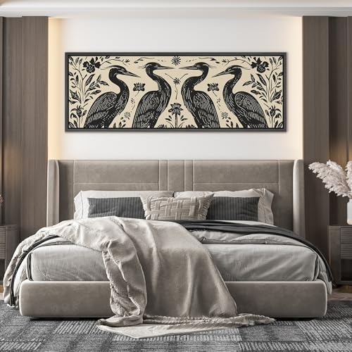 Image of MUDECOR Large Framed Canvas Print Wall Art Folk Art Heron Birds Floral Black and Cream Antique Retro Ready to Hang Painting for Living Room Bedroom Multi-Sizes - 60 inchx20 inch