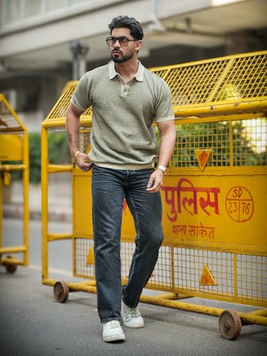 Image of Maniac Mens Grid Textured Green & Beige Polo Neck Half Sleeve Cotton Tshirt