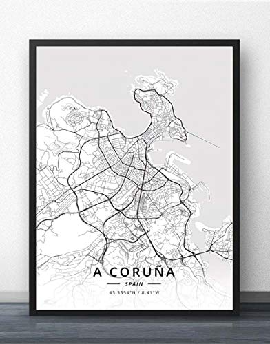 Cuadro Sobre Lienzo,A Coruña España Mapa De La Ciudad Imprime Carteles Pintura Mural Arte Retro Pintura Rectángulo Imágenes Arte Pop Para Sala De Estar Dormitorio Decoración Del Hogar, 20X30 Cm