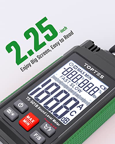 Image of Decibel Meter, TopTes TS-501B Sound Level Meter with 2.25 inch Backlit LCD Screen, A /C Weighted, Range 30-130dB, Temperature & Humidity, MAX /MIN, Data Hold, Use for Home, Noisy Neighbor, Factory - Green