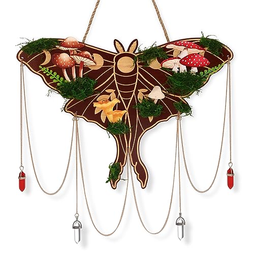 Image of Xylolfsty Luna Moth Wall Hanging - Bohemian Butterfly Decor, Rustic Mushroom Crystal Moss Wooden Sign, Death Moth Art Gothic Witchy Living Room Bedroom Window Decoration