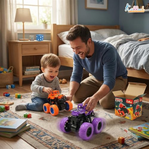 Image of Kriddaank Pack of 2 4x4 Monster Truck for Kids - Friction Powered Stunt Cars with 360 Spin Action - 4WD Push and Go Toy Vehicles for Toddlers, Boys & Girls Aged 3-7 Years (Multicolor)