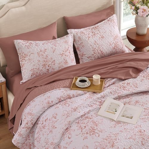 Image of Andency Quilt Queen Size, Pink Flower Bedspread Queen Size, 3 Pieces Soft Bedding Set, Lightweight Coverlet Set for All Season with 2 Pillowcases (96 inchx90 inch)