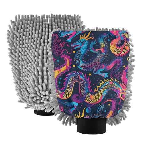 IOACIY Absorbent Microfiber Car Wash Drying Mitts, 2 Pack, Scratch-Free & Lint-Free, Rich Foam, Highly Absorbent, Double Sided, Wash Mitt Perfect for Car Washing, M, Chinese Dragon (2)