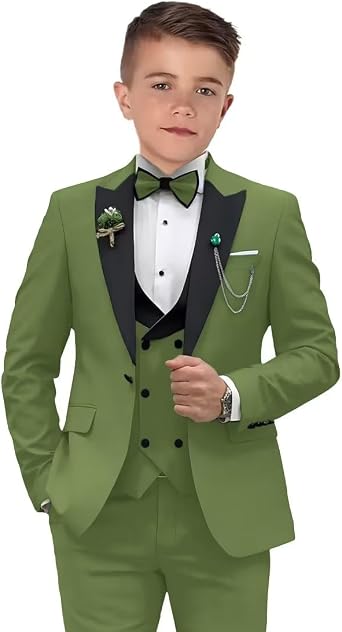 Boys Formal Suit Slim Fit 3 Piece Peak Lapel Tuxedo Set with Bow Tie