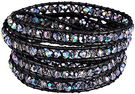 New! Genuine Leather Bracelet Multi Colors Beads Wrap Bracelet Nice Gift! (5 Wraps, Facet AB Rhinestone)