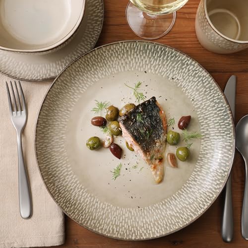 Image of Gibson Elite Jasper 16 Piece Plates and Bowls Reactive Glaze Dishes Stoneware Ceramic Dinnerware Set - Service for 4 - Taupe