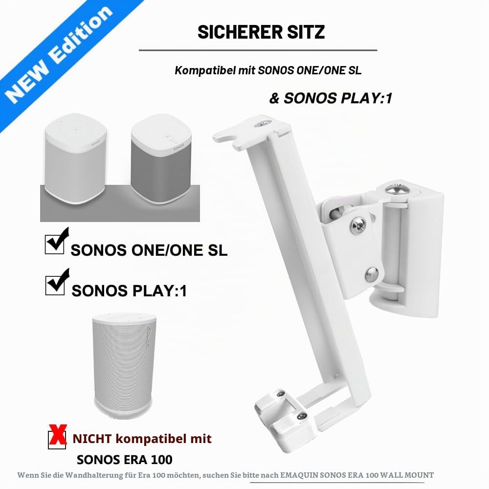 Wandhalterung für SONOS One/SONOS One SL/SONOS Play 1 Speaker(Drehbar und neigbar,kompatibel mit SONOS One/One SL/SONOS Play 1 beide,Weiß)