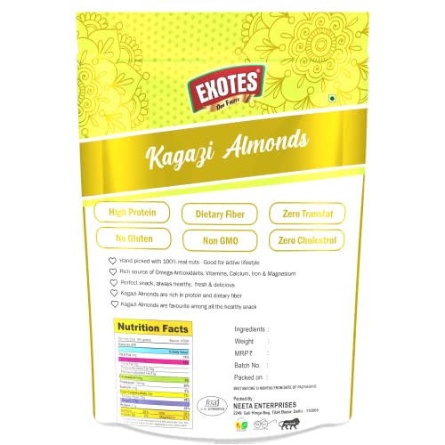 Image of Exotes Kagazi Badam 1000 Grams (250 Grams X 4) - Thin Shell Almonds | Packed with Protein, Fiber, and Vitamins | Badam with Shell - Easy to Crack, Supports Brain Health and Boosts Energy - Great Snack Option for Office, School, or Fitness Enthusiasts