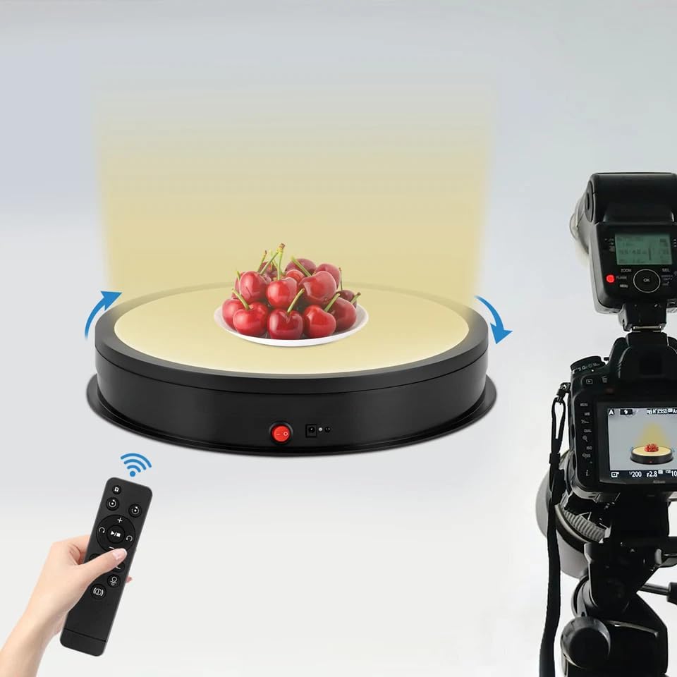 Plato giratorio eléctrico de 42 cm para fotografía, pantalla giratoria con mando a distancia y luz LED para tiendas, estudios, bibliotecas escolares, salas de exposición (negro)