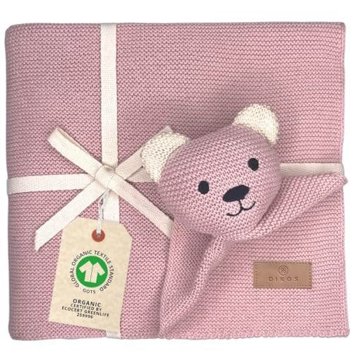 DIKOS® Couverture Originale pour bébé - Motif Ours en Peluche - 100% Coton Bio - avec Doudou - Couverture tricotée - Premier équipement pour bébé...