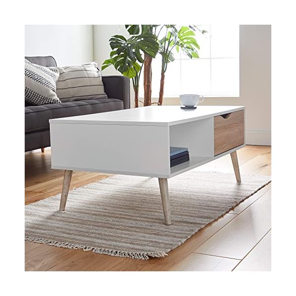VonHaus White Coffee Table with Storage - Coffee Tables for Living Room with Light Oak Effect, Shelf & Soft Close Drawer, Modern Scandi Furniture, 99x60x43cm - Image 4