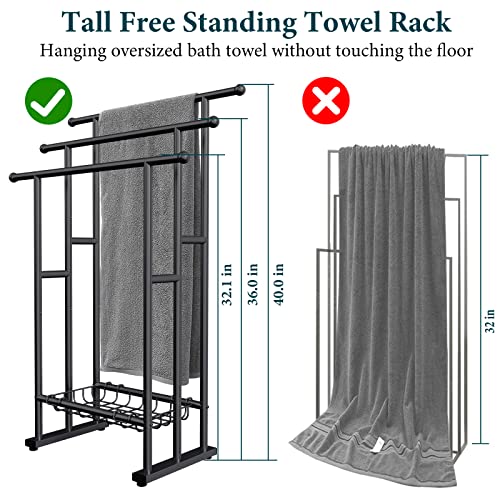 Kayfia-40-H-Free-Standing-Towel-Rack-3-Tier-Alloy-Steel-Towel-Rack-Stand-with-Basket-Blanket-Drying-and-Display-Rack-for-Oversized-Bath-Towels-Bathroom-Accessories-Next-to-Tub-or-Shower-Black