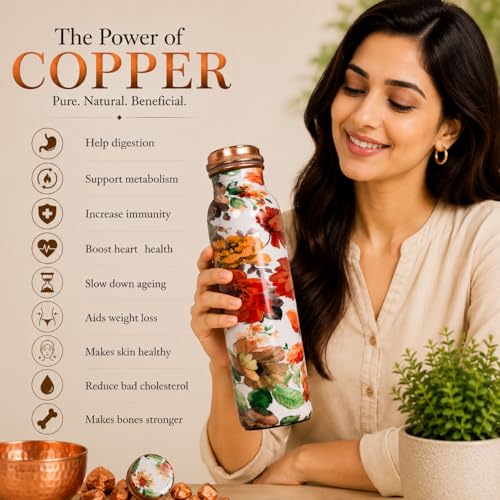 Image of Pure Copper Water Bottle - Handcrafted - Ayurveda health benefits - Large 1000 ml - Leak proof - Easy to carry for Sports, Fitness, Yoga, School - White Base Floral Vintage Colors Enamel
