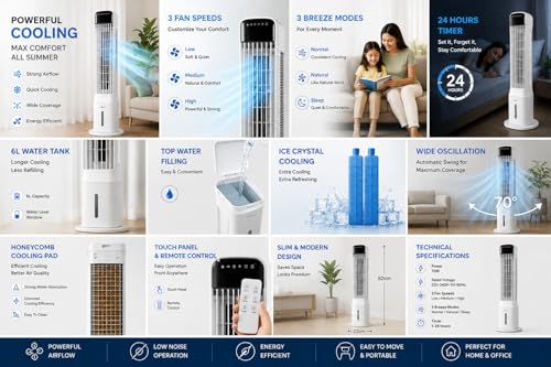 Image of WelTherm 6L Tower Air Cooler for Room, Home & Office with Remote Control, Top Water Refill | Ice Chamber, Digital LED Display Touch Panel, 3 Modes & Speeds 24H Timer | Noiseless| 4 Ice Packs WX-SWIFT