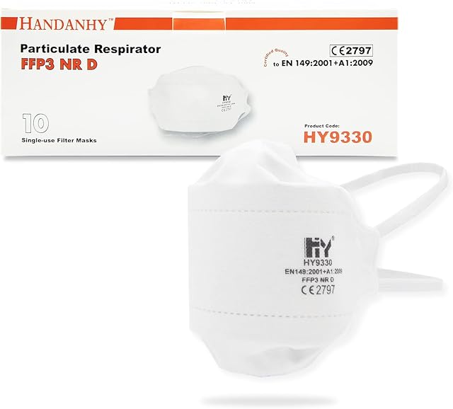Non-Valved FFP3 Face Masks, Handanhy HY9330 Pro NR D Premium Disposable Respirator - CE Certified & Tested by BSI, Individually Wrapped (10)