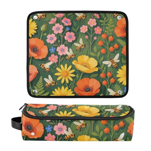 Bolsa de viaje para herramientas de cabello y tapete resistente al calor con cierre, gran capacidad organizadora para planchas, rizadores, secadores, diseño con abejas y flores silvestres, esenciales para mujeres miniatura 3