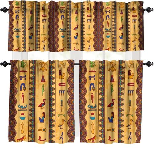 Ancient Egypt Kitchen Valances Curtain Egyptian Hieroglyphs Floral Geometric Window Treatment Valances Short Curtains Rod Pocket Drape for Dining Room Home Bedroom Decor,54x18 In + 27x24 In X 2
