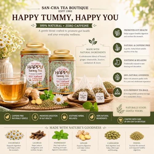 Image of Sancha Tea Boutique, Happy Tummy Tea, Caffeine Free Herbal Tisane, 25 Pyramid Bags, Digestive Teas, Tummy Detox (Pack of 2)