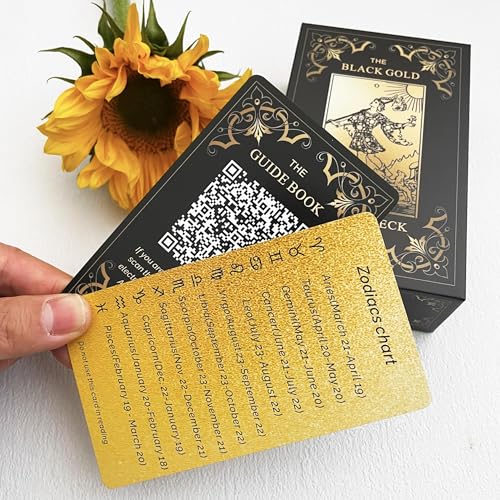 Qcsdckot Black Gold Tarot Cards Set, Beginner\'s Tarot Cards with Meanings, Gold Gilded Edges Deck with Guide Book