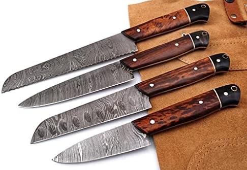 Professional Kitchen knife Custom Damascus Steel Chef knife 4 pcs of Utility BBQ knife| Cutlery set with Ross wood and Buffalo Horn Handle with Leather Roll Case, Overall 8.5 -13 inches