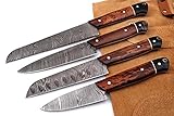 Custom Handmade Damascus Kitchen Knife set Best Damascus 4pcs Chef Knife Set with leather bag