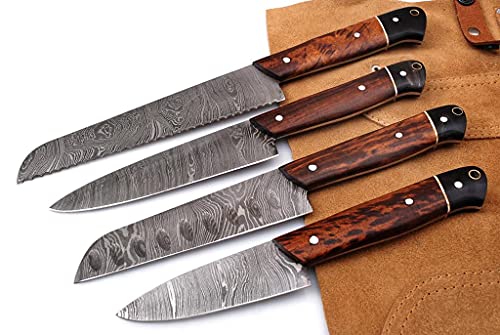 Professional Kitchen Knife Custom Damascus Steel Chef Knife 4 Pcs Of Utility Bbq Knife| Cutlery Set With Ross Wood And Buffalo Horn Handle With Leather Roll Case, Overall 8.5 -13 Inches #TOP15