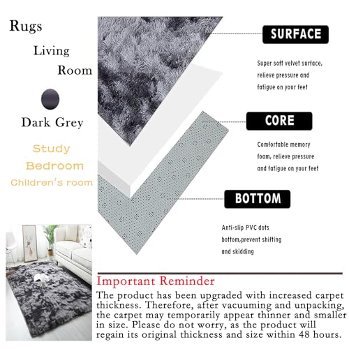 GJWLaie Rugs Living Room Grey Area Rugs for Bedroom Anti Silp Soft Shaggy Tie-Dye Plush Fluffy Living Room Rug Indoor Home Kidsroom Decor Carpet(Dark Grey 160 * 230cm) - Image 2