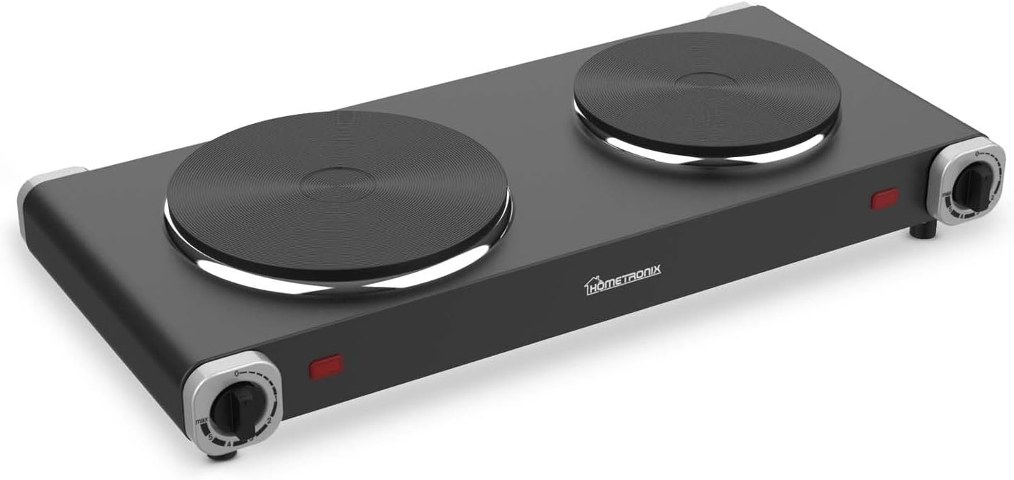 Electric Hotplate Double Hob Portable Electric Hot Plate, Dual Temperature Controls, 2500W, 2 Ring Table Top Stove for Cooking, Warming, Boiling, Frying, For Home & Caravan – Black/Silver