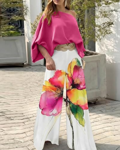 Image of CHICME Women Summer 2 Piece Outfits Off Shoulder Top Flowy Wide Leg Pants Set Vacation Travel Airport Outfits