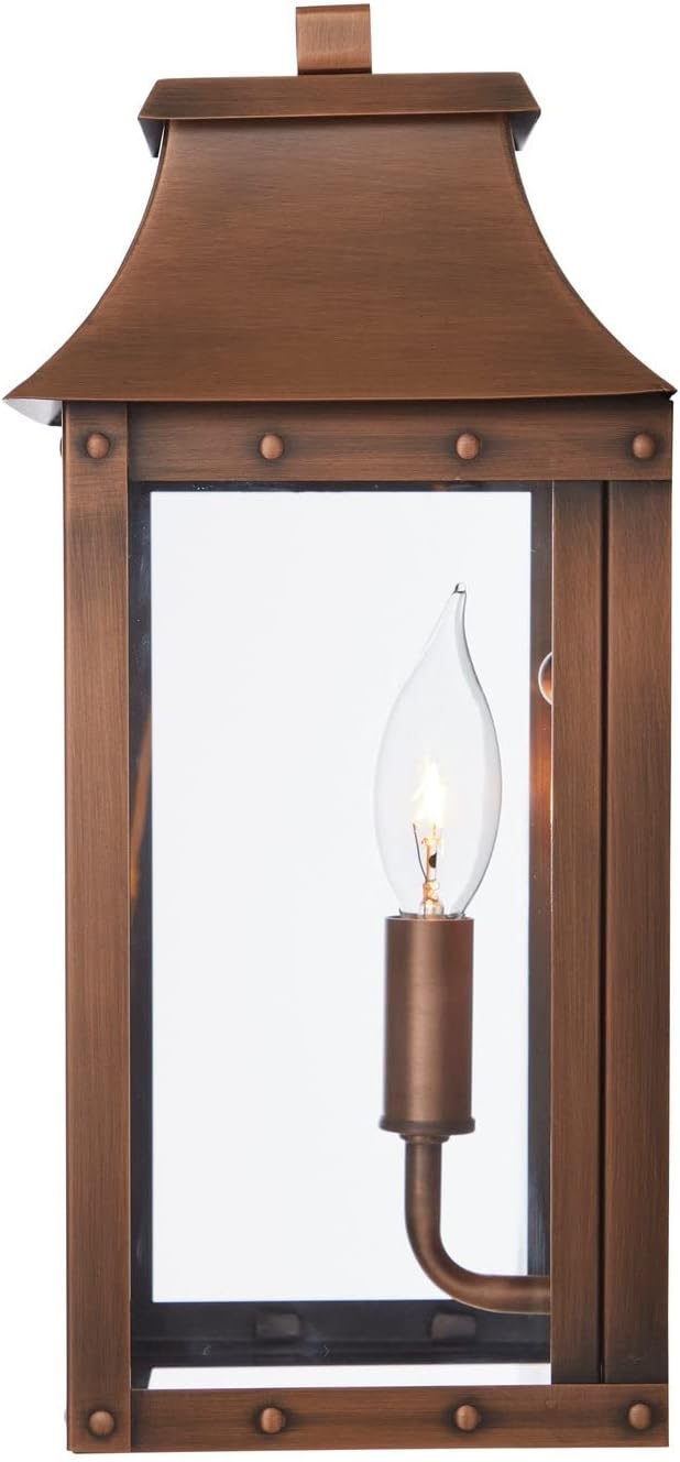Acclaim Lighting 8413CP | Vintage Solid Copper One Light Dimmable Wall Mounted Outdoor Wet Rated Lantern with Clear Glass | Hand Crafted Classic Colonial America Design (Copper Patina - Style Three)