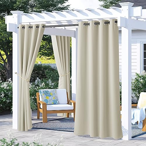 NICETOWN 2 Panels Beige Outdoor Curtains for Patio Waterproof, Rustproof Grommet Thermal Insulated Room Darkening Indoor Outdoor Curtains Window Treat