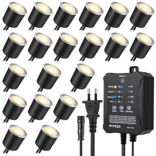 SMY Lot de 20 Dimmable Spot Terrasse Exterieur Encastrable avec Timing, Capteur de Cellule Photoélectrique et Coque de Protection, Ø32mm 0,6W Spot LED...