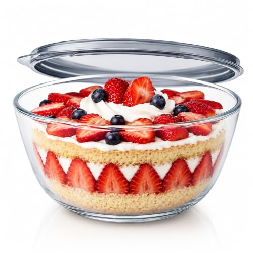 Duimbok Large Clear Glass Mixing Bowl With Lid, 7.4 Quart Multi-Use Glass Cake Salad Bowl For Baking Sourdough Proofing Food Storage Cake Transport Container