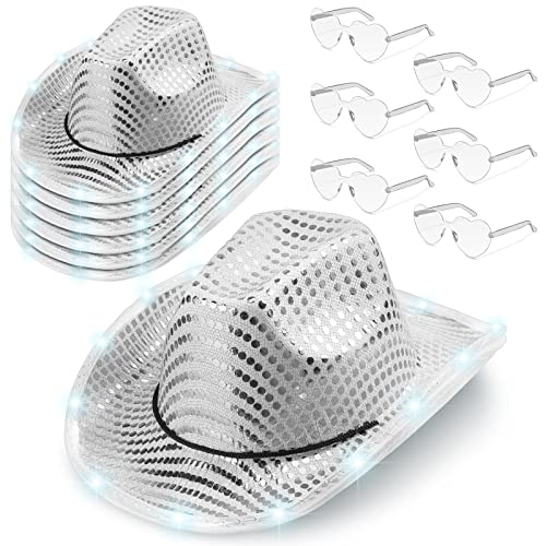 Zhanmai 6 Set LED Cowboy Hat Light Up Glitter Cowboy Hat with Sunglasses Sequin Space Cowgirl Hat for Women Men Costume Accessories (Gray)