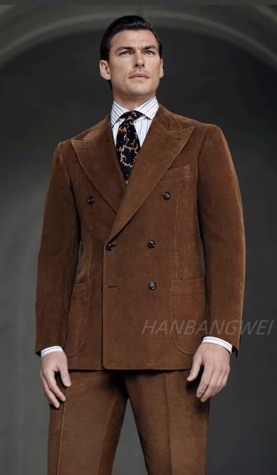 Mens Casual Corduroy Suit 2 Piece Regular Fit Double Breasted Suit Men Wedding Prom Corduroy Blazer Pants Set3