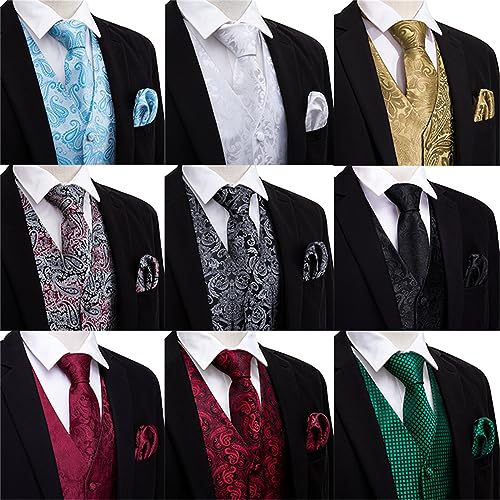 Kelsiop Blazer Vest Men's Vest Silk Paisley Tie Handkerchief Cufflinks Set Men's Vest Sleeveless Business Party Jacket3