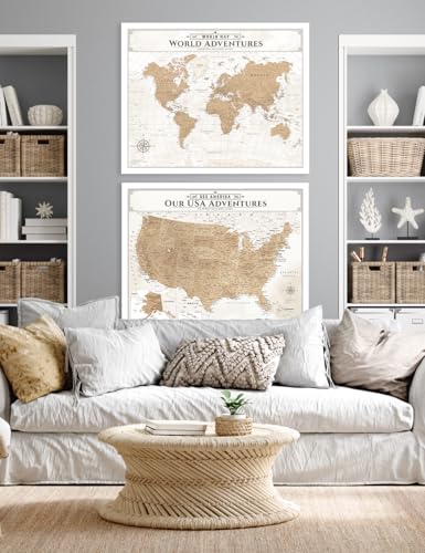 Image of IPIC - Vintage World Map & USA Map Canvas Wall Art Set of 2, Large Travel Art Prints for Office, Home, Study and RV, Push Pin Board Decor for Travel Lovers, Ready to Hang
