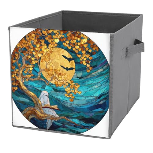 Jubonexis Cubes de rangement pliables en tissu avec poignées pour étagères, placards, fantômes blancs et dorés, 27 x 27 cm