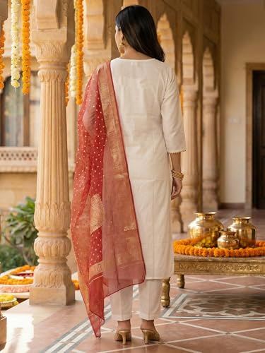 Image of INDO ERA Women's Silk Blend Embroidered Thread Work Kurta & Pant with Dupatta Set | Suit Set For Women