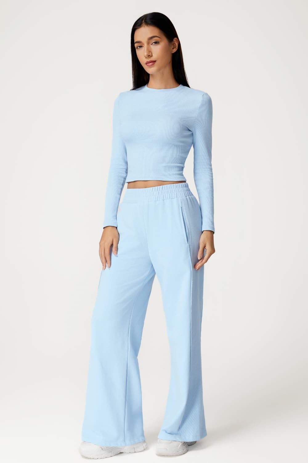 QINSEN Womens 2 Piece Sets Long Sleeve Slim Fit Crop Tops Wide Leg Pants Matching Lounge Set - Image 3