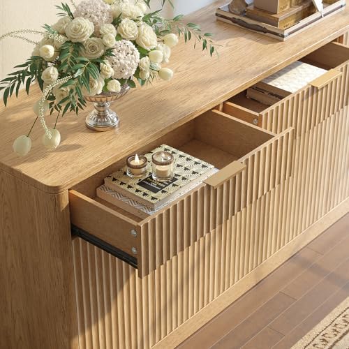 Image of Evermagin 67 inch Fluted Oak Sideboard Buffet Cabinet with 3 Drawers, Modern Credenza with Storage, Console Coffee Bar Cabinet for Kitchen, Living Room and Entryway (67 inch W x 31.5 inch H x 15.7 inch D)
